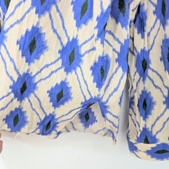 Zara Ikat Print Button Front Shirt Collared Mixed Print Western Blue White XL - Picture 4 of 8